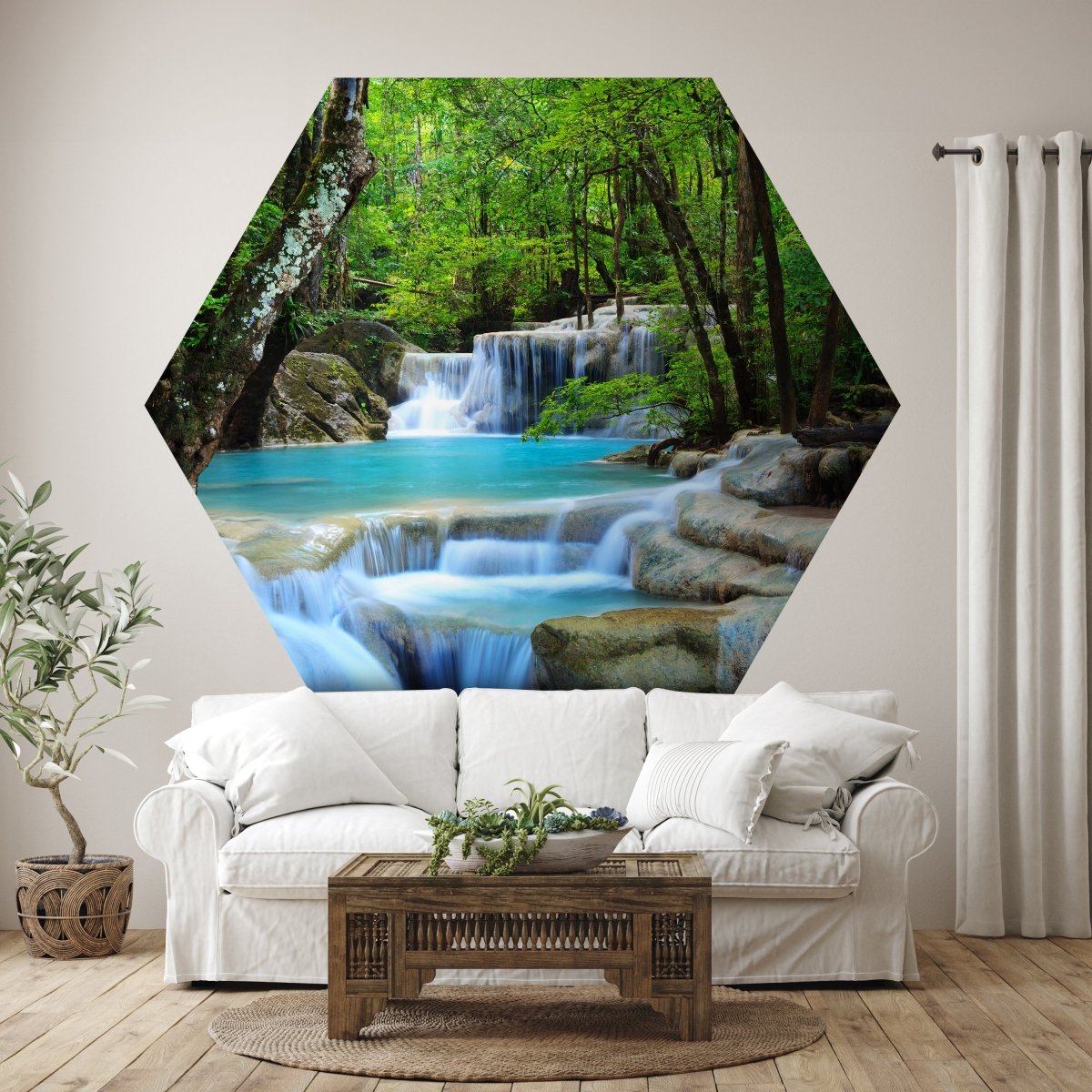 Hexagon-Fototapete Wasserfall im Wald M0001 - Bild 1 Hexagon-Fototapete Wasserfall im Wald M0001 - Bild 1