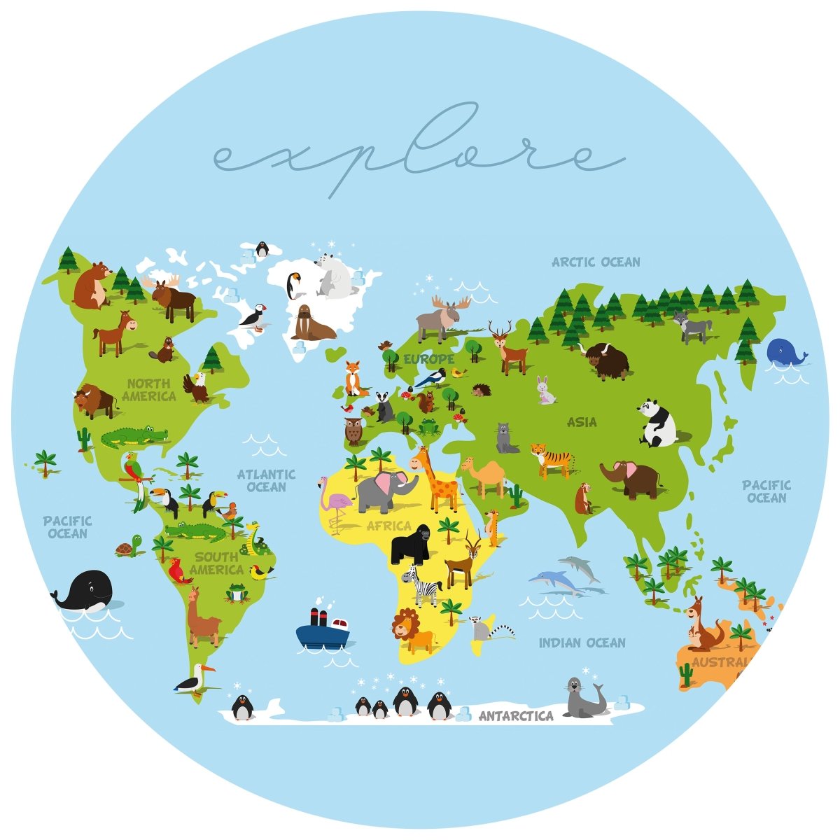Runde Fototapete Weltkarte mit Tieren M0011 - Bild 11 Runde Fototapete Weltkarte mit Tieren M0011 - Bild 11
