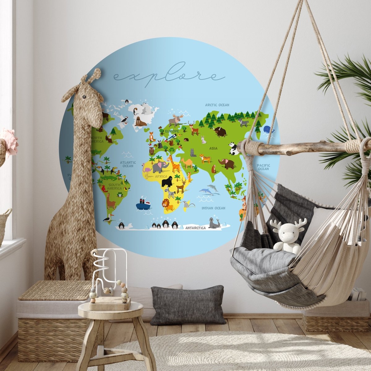 Runde Fototapete Weltkarte mit Tieren M0011 - Bild 3 Runde Fototapete Weltkarte mit Tieren M0011 - Bild 3