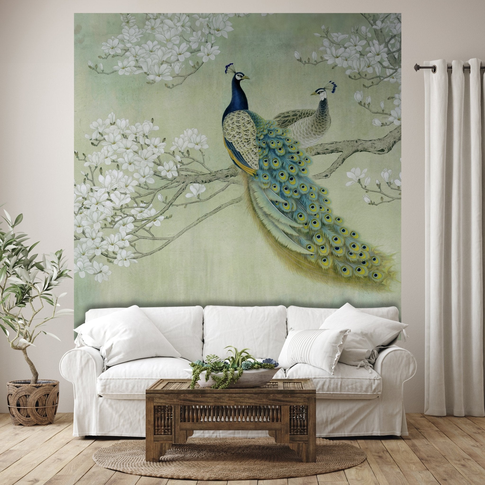 Quadratische Fototapete Pfaue auf blühendem Zweig M0022 - Bild 1 Quadratische Fototapete Pfaue auf blühendem Zweig M0022 - Bild 1