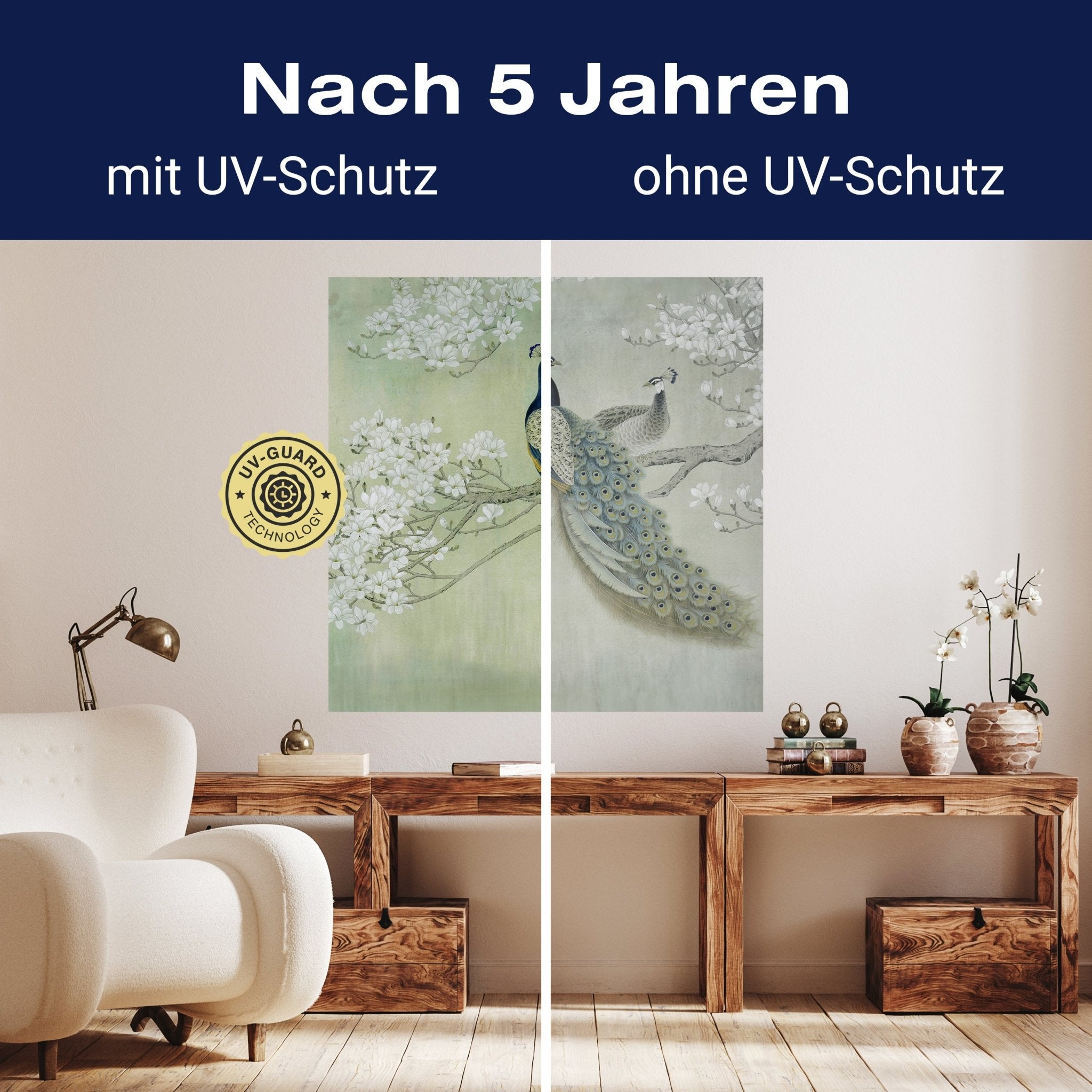 Quadratische Fototapete Pfaue auf blühendem Zweig M0022 - Bild 9 Quadratische Fototapete Pfaue auf blühendem Zweig M0022 - Bild 9