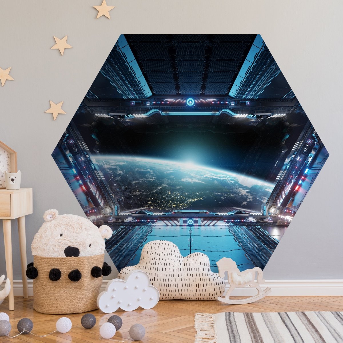 Hexagon-Fototapete Blick aus Raumschiff M0032 - Bild 1 Hexagon-Fototapete Blick aus Raumschiff M0032 - Bild 1
