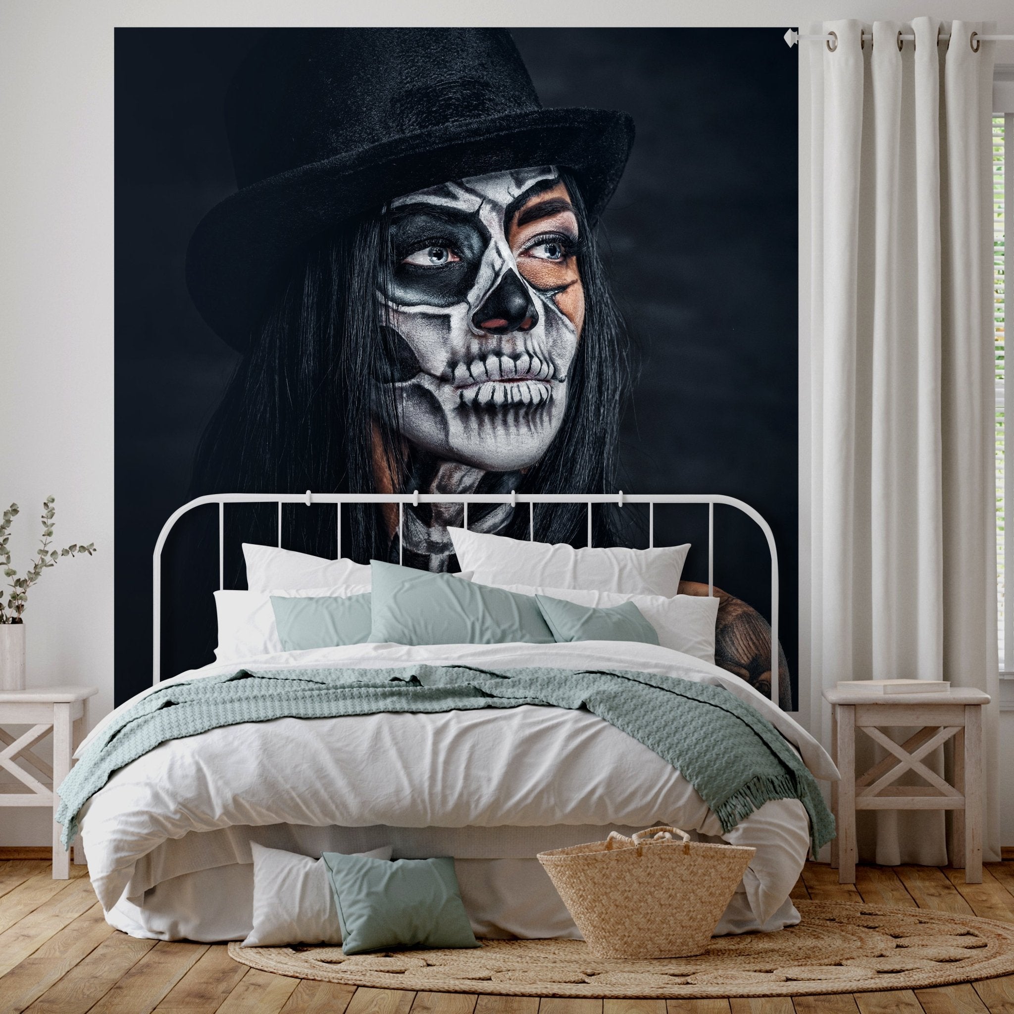 Quadratische Fototapete Frau mit Totenkopf M0033 - Bild 1 Quadratische Fototapete Frau mit Totenkopf M0033 - Bild 1