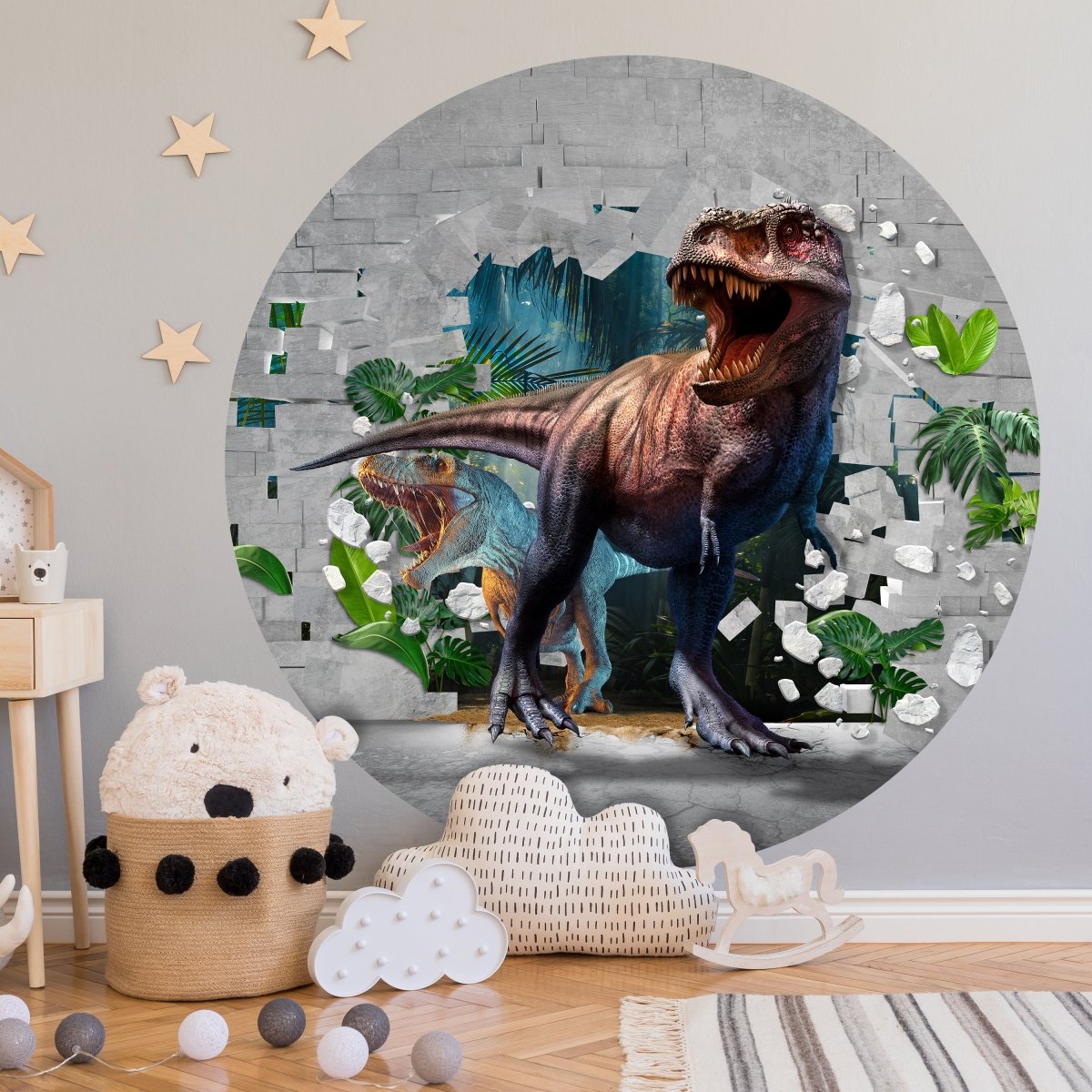 Runde Fototapete Wanddurchbruch mit Dinosauriern M0038 - Bild 1 Runde Fototapete Wanddurchbruch mit Dinosauriern M0038 - Bild 1