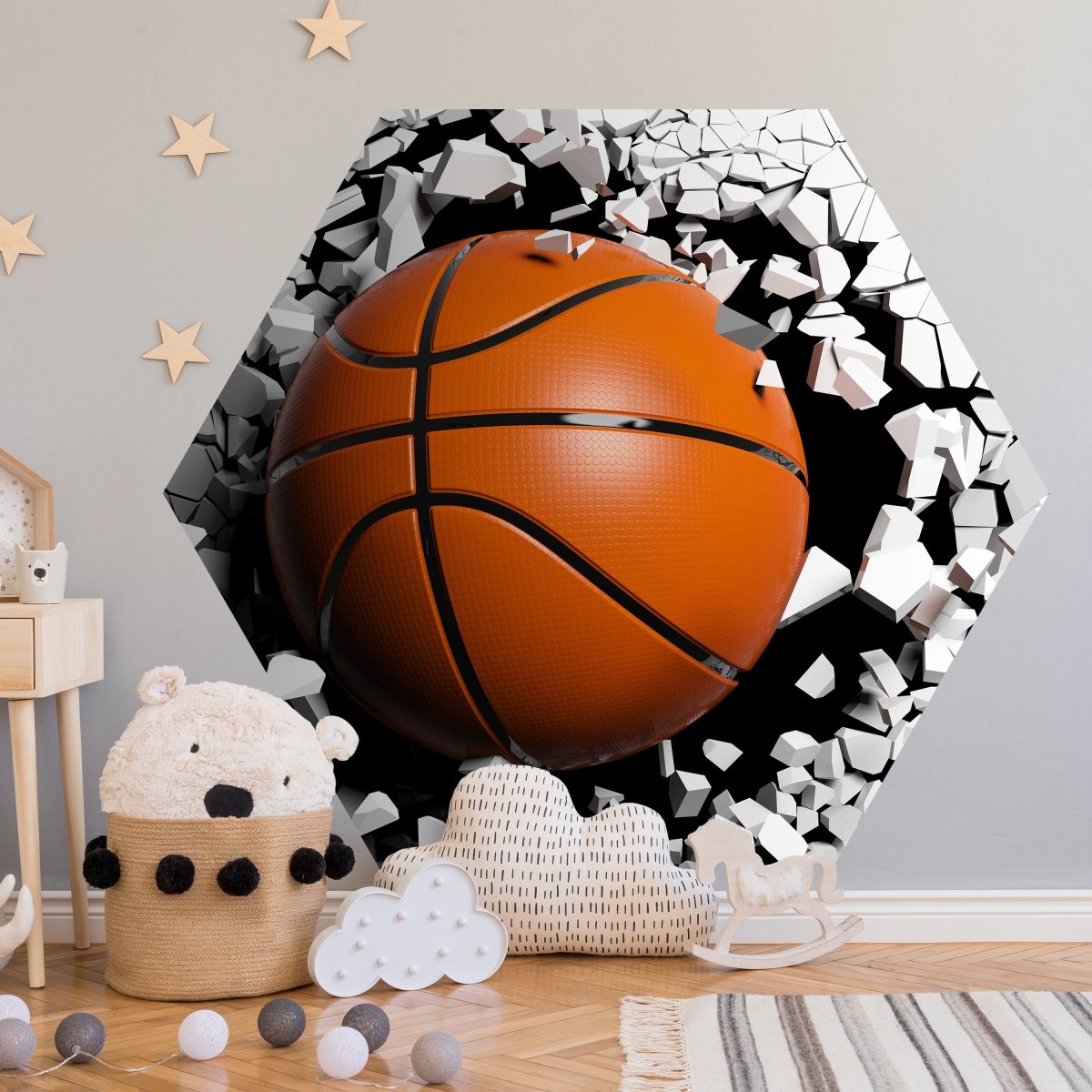 Hexagon-Fototapete Wanddurchbruch mit Basketball M0040 - Bild 1 Hexagon-Fototapete Wanddurchbruch mit Basketball M0040 - Bild 1
