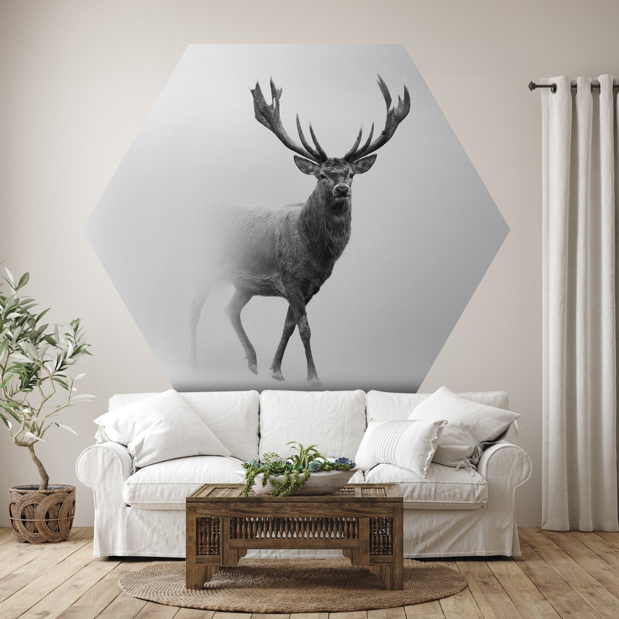 Hexagon-Fototapete Hirsch im Nebel M0064 - Bild 1 Hexagon-Fototapete Hirsch im Nebel M0064 - Bild 1
