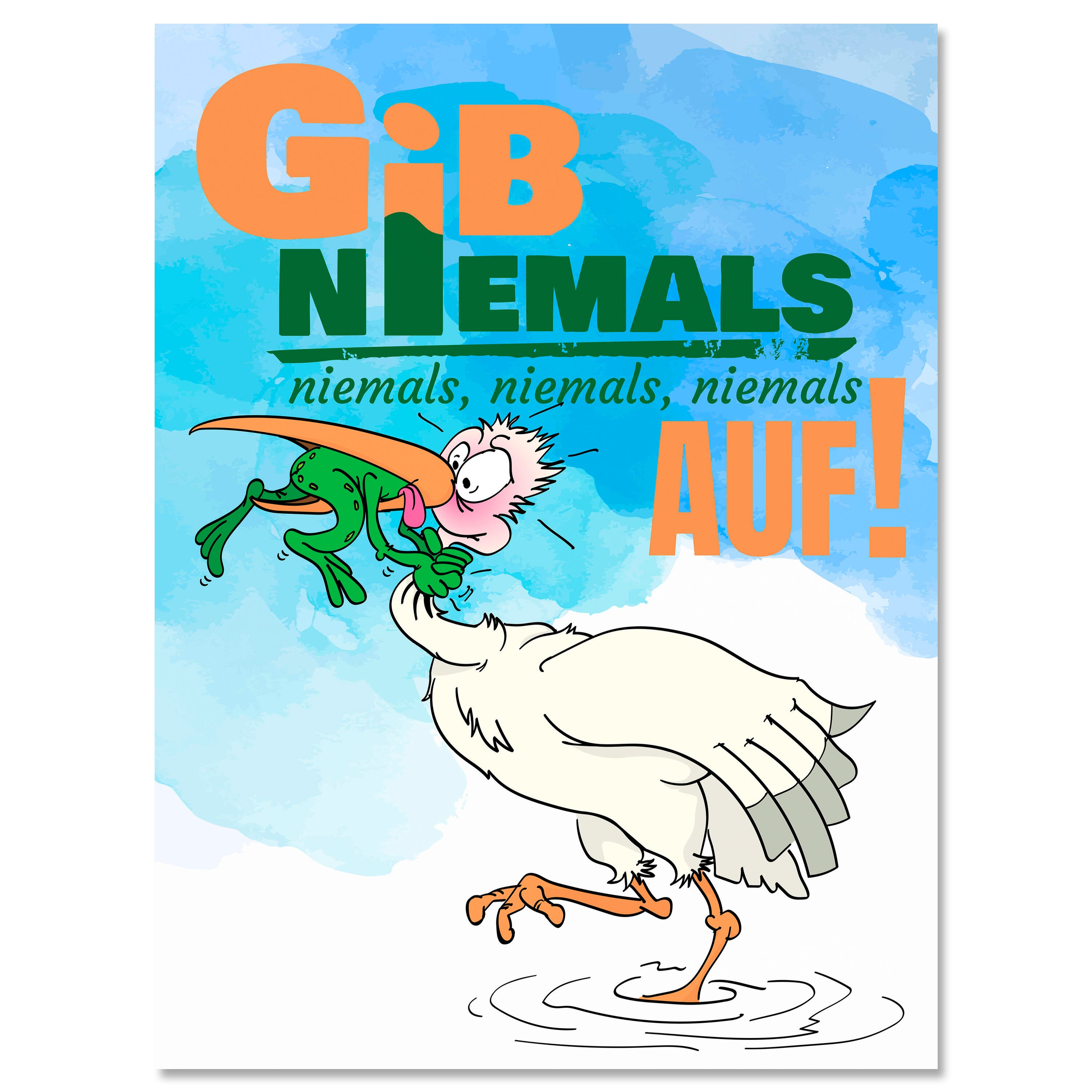Leinwandbild Motivation, Hochformat, Storch Frosch gib niemals auf M0136 kaufen - Bild 1 Leinwandbild Motivation, Hochformat, Storch Frosch gib niemals auf M0136 kaufen - Bild 1