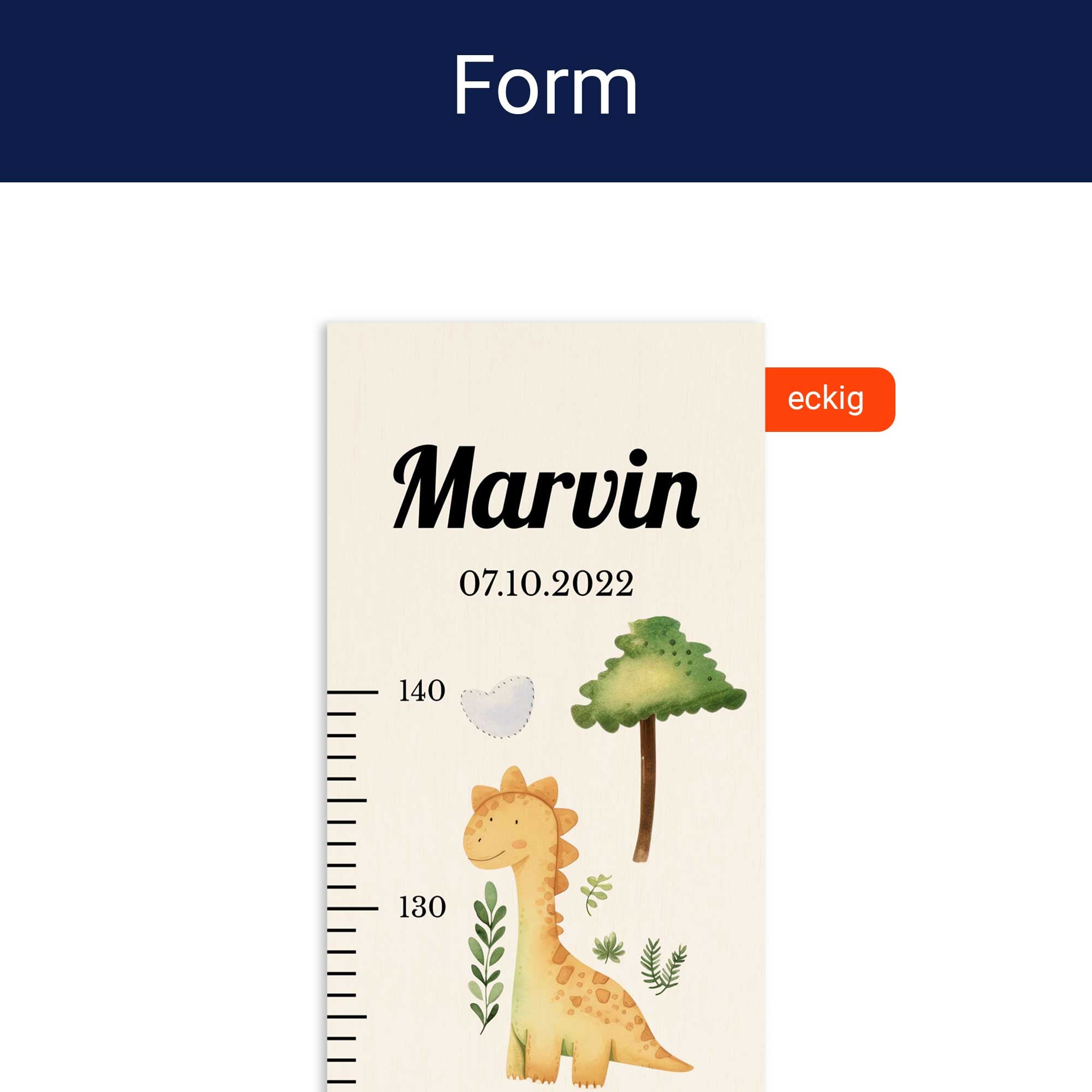 Detailansicht der eckigen Form der personalisierten Messlatte. Detailansicht der eckigen Form der personalisierten Messlatte.