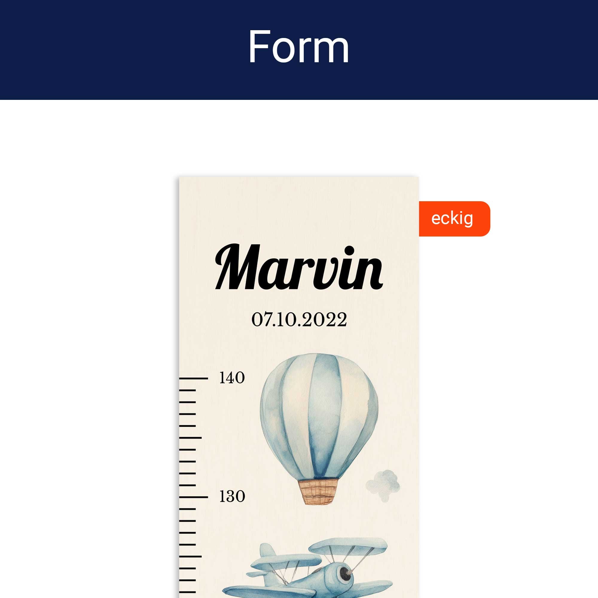 Detailansicht der eckigen Form der personalisierten Messlatte. Detailansicht der eckigen Form der personalisierten Messlatte.