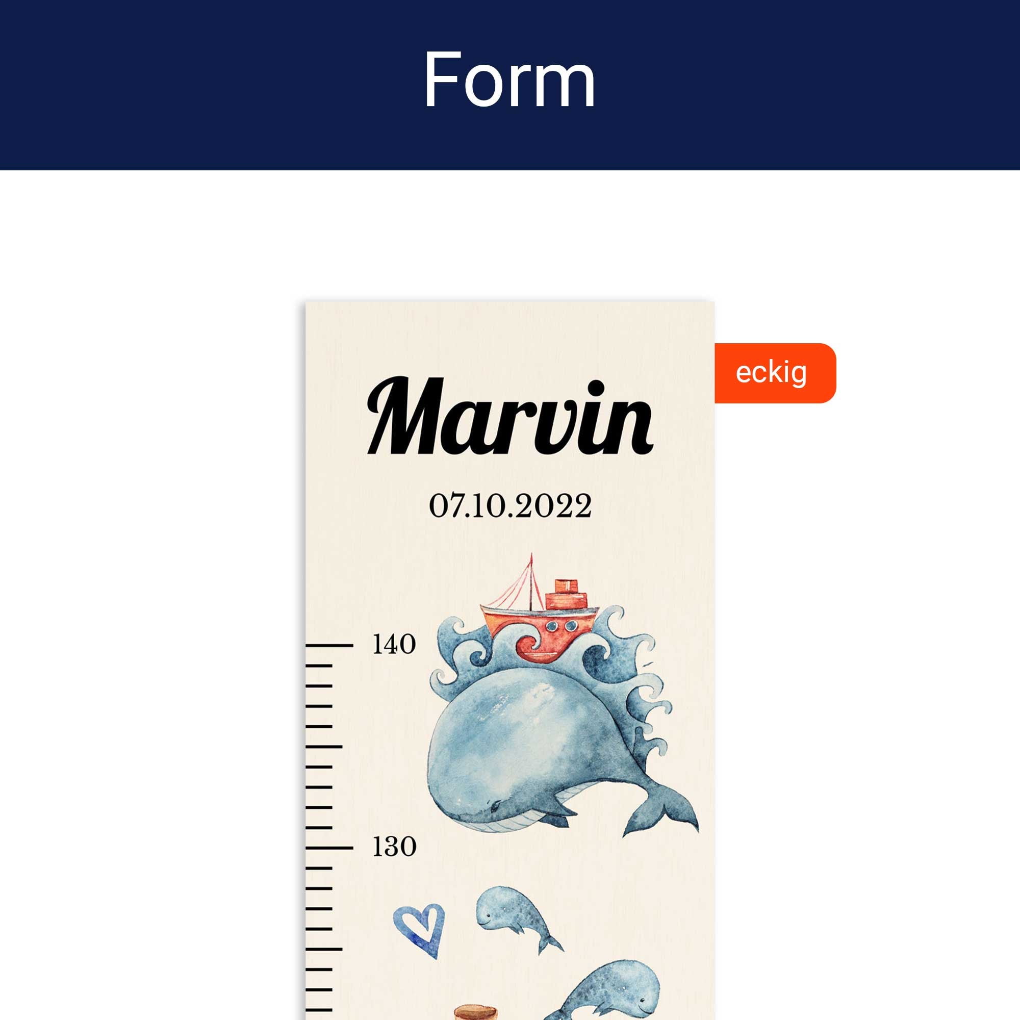 Detailansicht der eckigen Form der personalisierten Messlatte. Detailansicht der eckigen Form der personalisierten Messlatte.