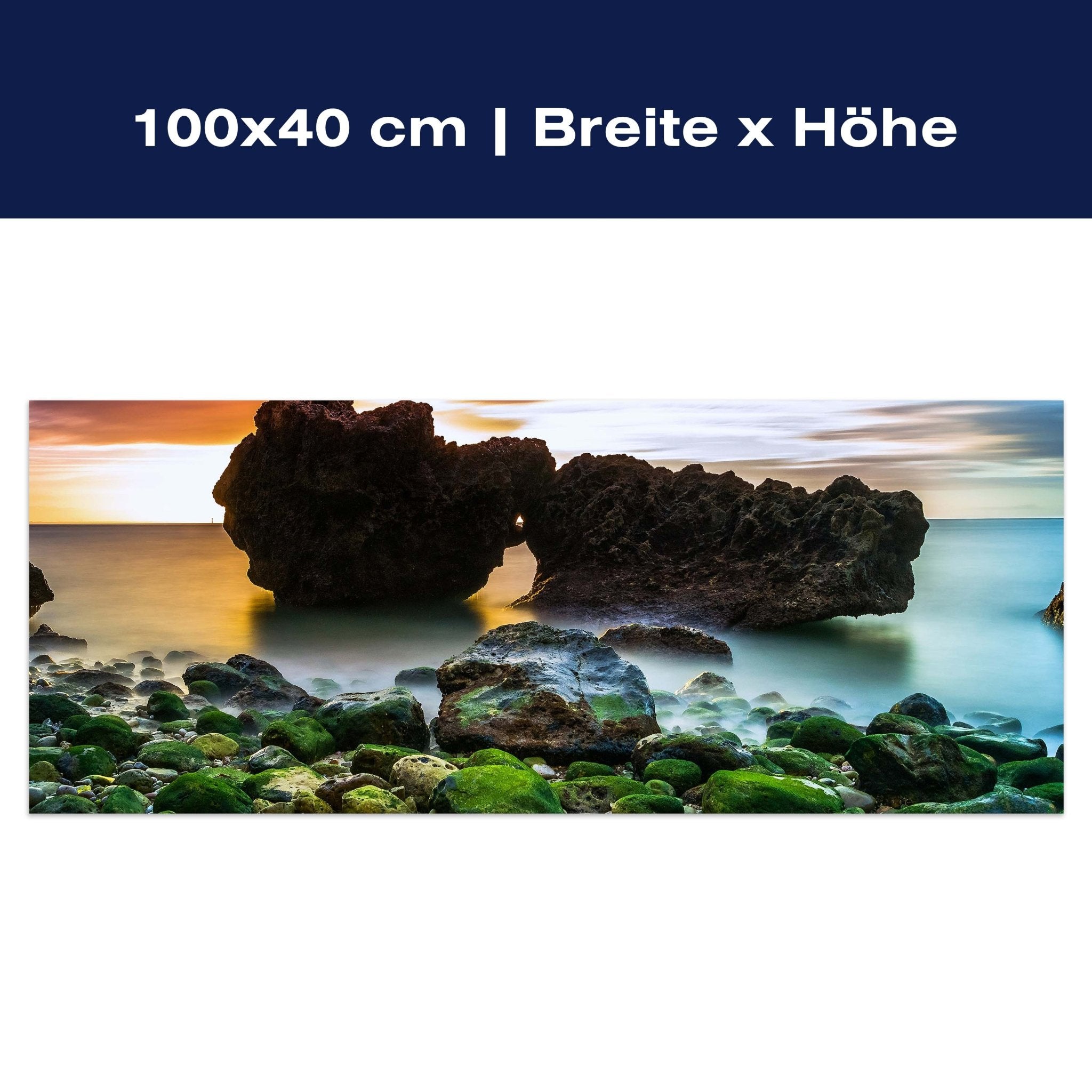 Leinwandbild Strand bei Sonnenuntergang mit Felsen M0902 Leinwandbild Strand bei Sonnenuntergang mit Felsen M0902