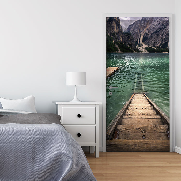 Türtapete Holz-treppe im See, Berge, Gebirge M1125 - Bild 1 Türtapete Holz-treppe im See, Berge, Gebirge M1125 - Bild 1