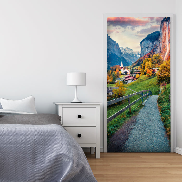 Türtapete Dorf in Berg-tal, Alpen, Gebirge, Berge M1136 - Bild 1 Türtapete Dorf in Berg-tal, Alpen, Gebirge, Berge M1136 - Bild 1