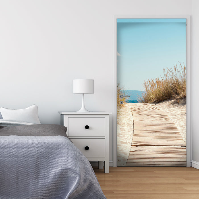 Türtapete Holz-weg an den Strand, Gräser, Meer M1143 - Bild 1 Türtapete Holz-weg an den Strand, Gräser, Meer M1143 - Bild 1