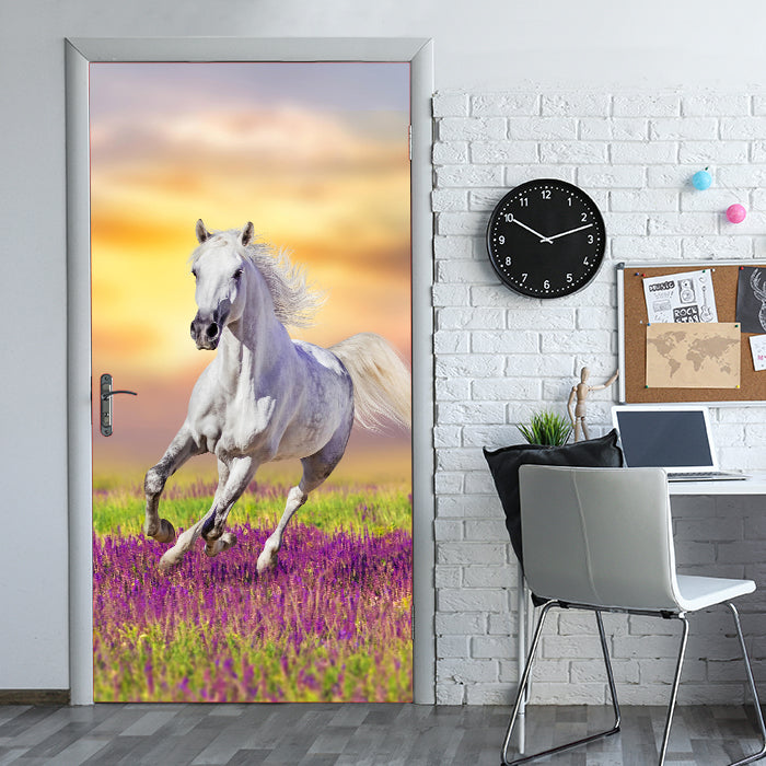 Türtapete Weißes Pferd galoppiert über Blumenwiese M1166 - Bild 1 Türtapete Weißes Pferd galoppiert über Blumenwiese M1166 - Bild 1