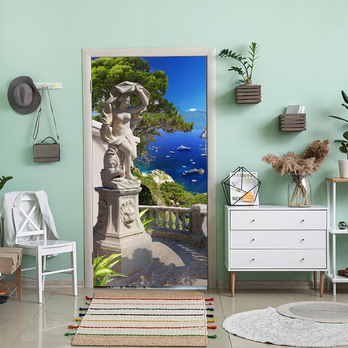 Türtapete Statue auf Balkon, Blick aufs Meer, Baum M1243 - Bild 1 Türtapete Statue auf Balkon, Blick aufs Meer, Baum M1243 - Bild 1