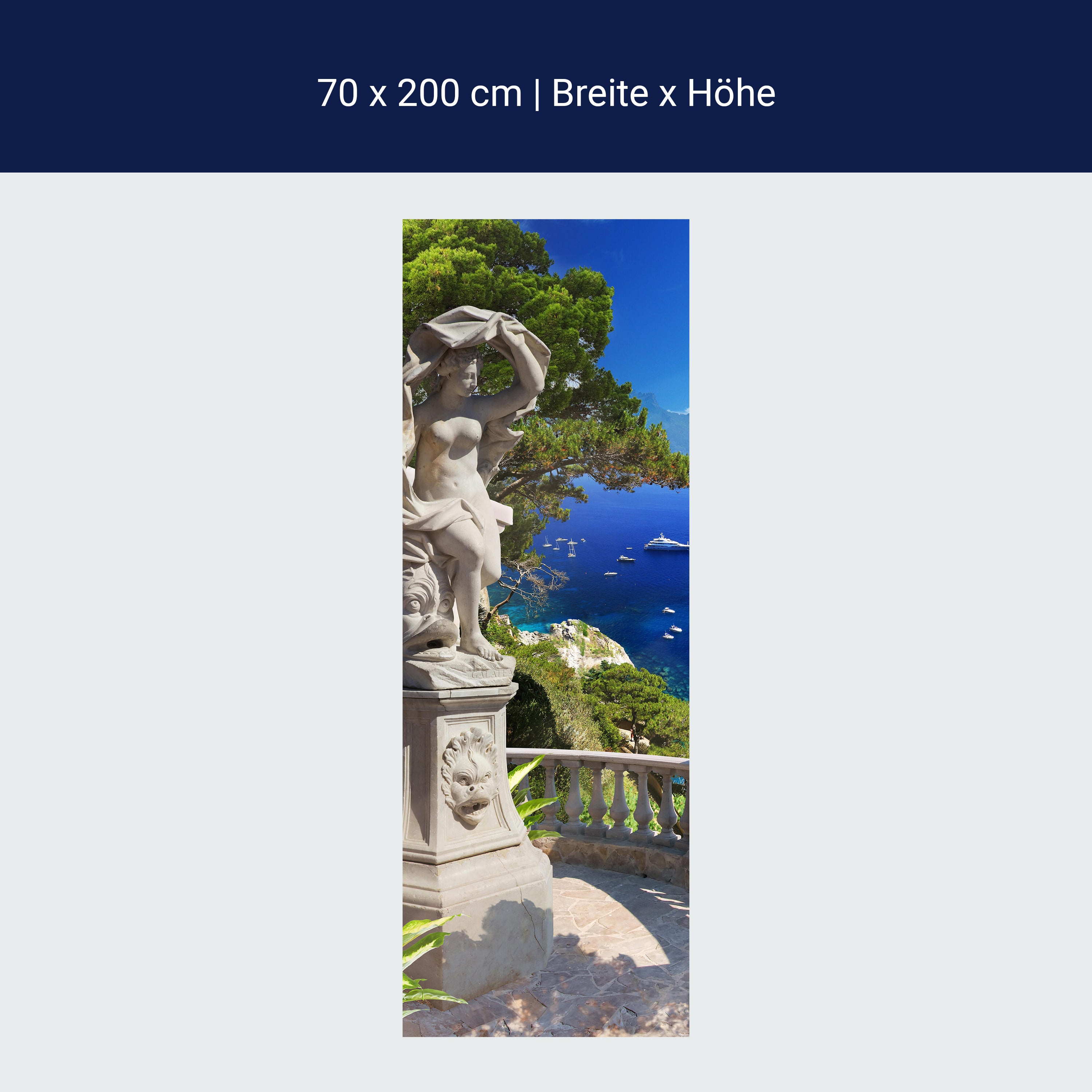 Türtapete Statue auf Balkon, Blick aufs Meer, Baum M1243 Türtapete Statue auf Balkon, Blick aufs Meer, Baum M1243