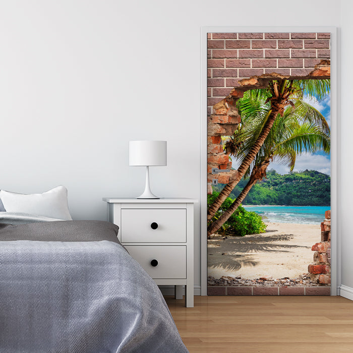 Türtapete 3D Backstein, Palmen, Insel, Strand M1274 - Bild 1 Türtapete 3D Backstein, Palmen, Insel, Strand M1274 - Bild 1