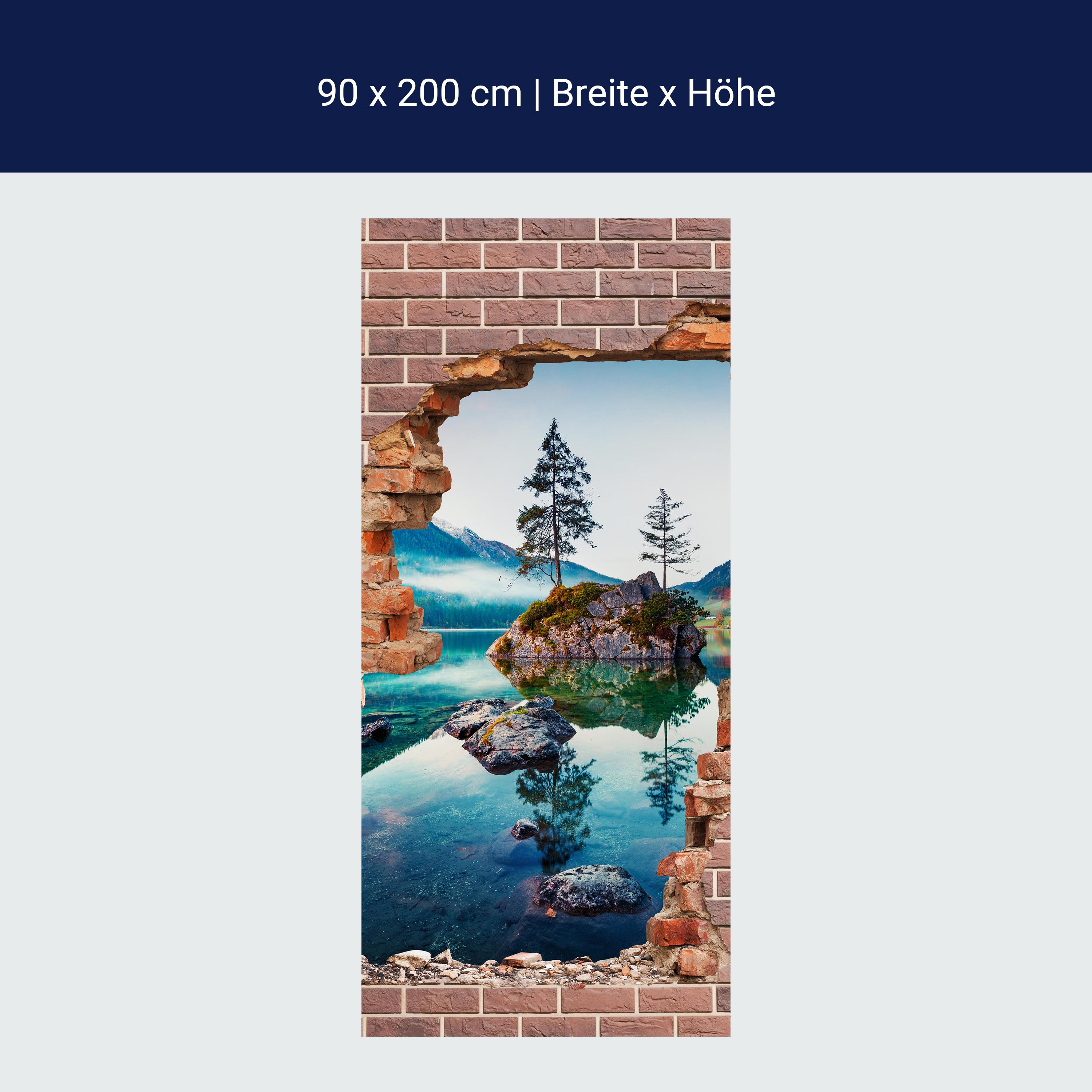 Türtapete 3D Ziegelwand, See, Berge, Baum, Felsen M1281 Türtapete 3D Ziegelwand, See, Berge, Baum, Felsen M1281
