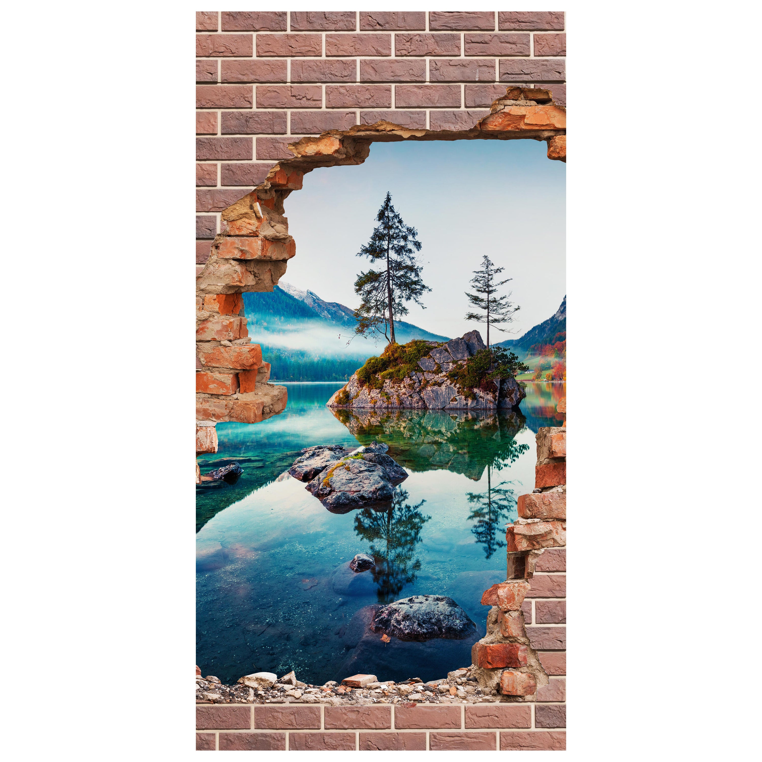 Türtapete 3D Ziegelwand, See, Berge, Baum, Felsen M1281 - Bild 2 Türtapete 3D Ziegelwand, See, Berge, Baum, Felsen M1281 - Bild 2