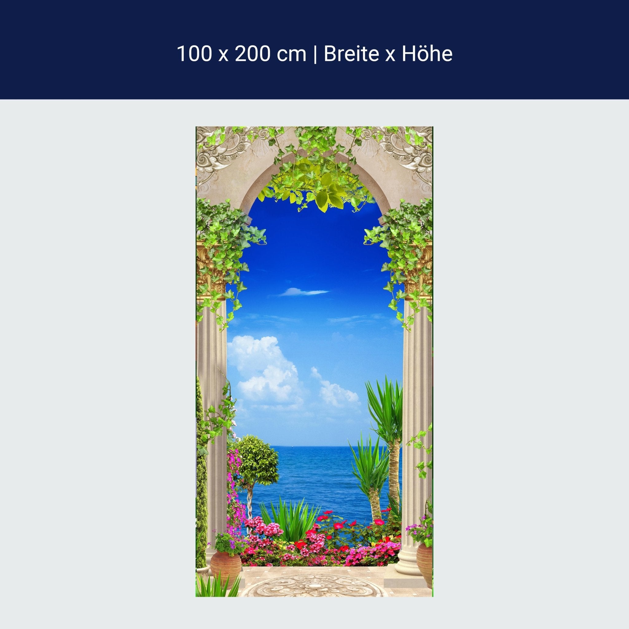 Türtapete Blick aufs Meer, Säulen, Pflanzen, Efeu M1296 Türtapete Blick aufs Meer, Säulen, Pflanzen, Efeu M1296