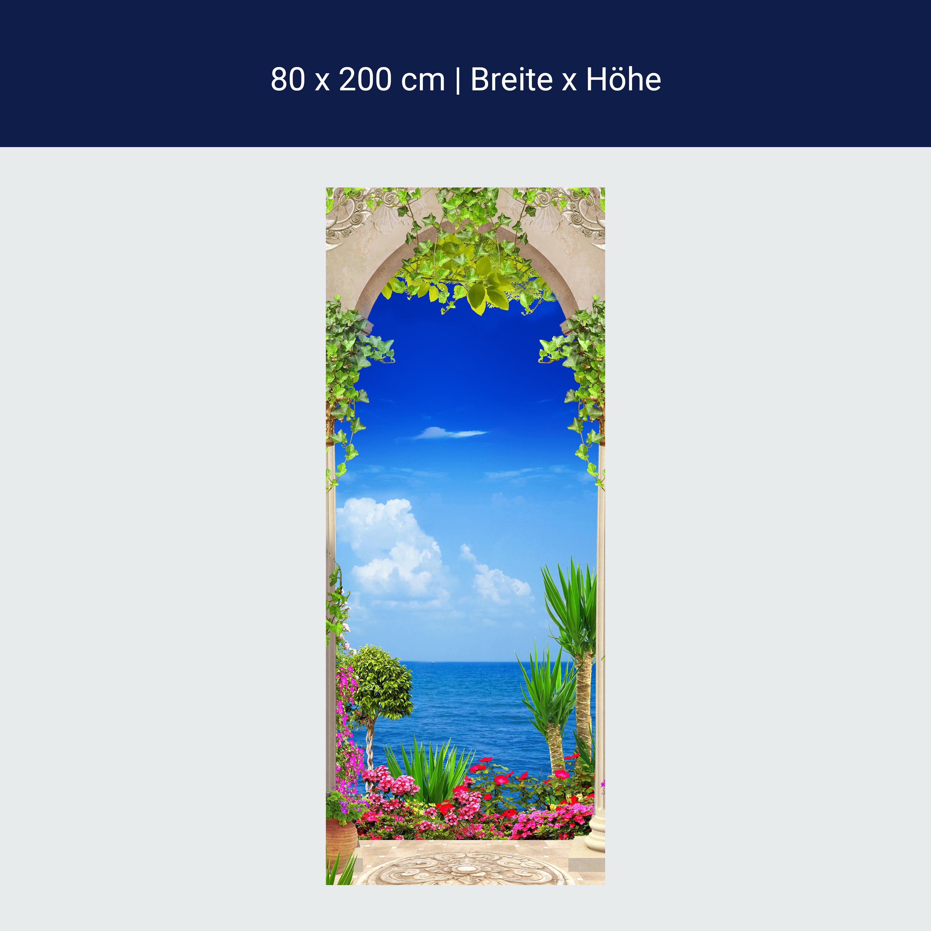 Türtapete Blick aufs Meer, Säulen, Pflanzen, Efeu M1296 Türtapete Blick aufs Meer, Säulen, Pflanzen, Efeu M1296