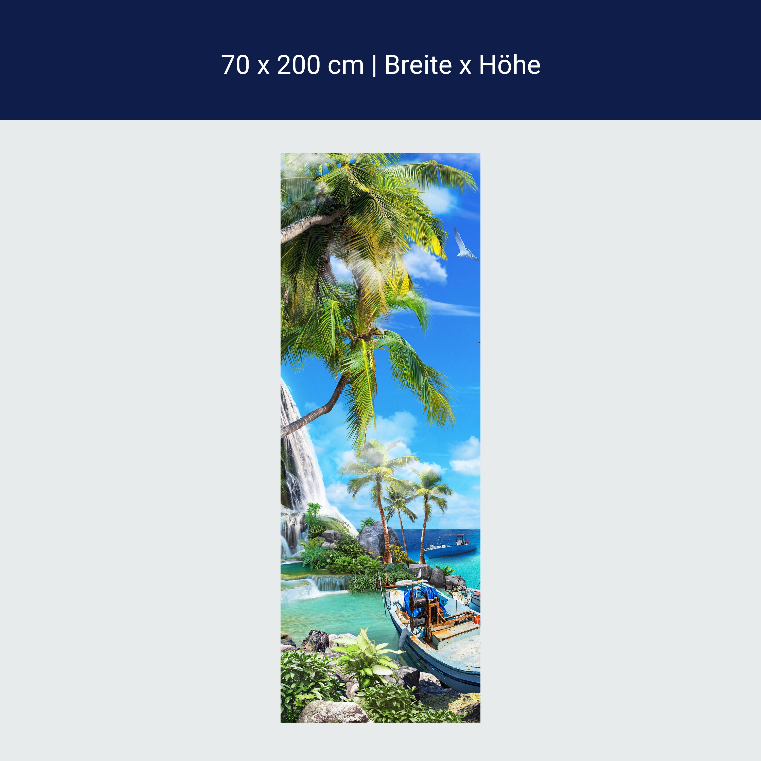 Türtapete Wasserfall ins Meer, Palmen, Boote M1306 Türtapete Wasserfall ins Meer, Palmen, Boote M1306