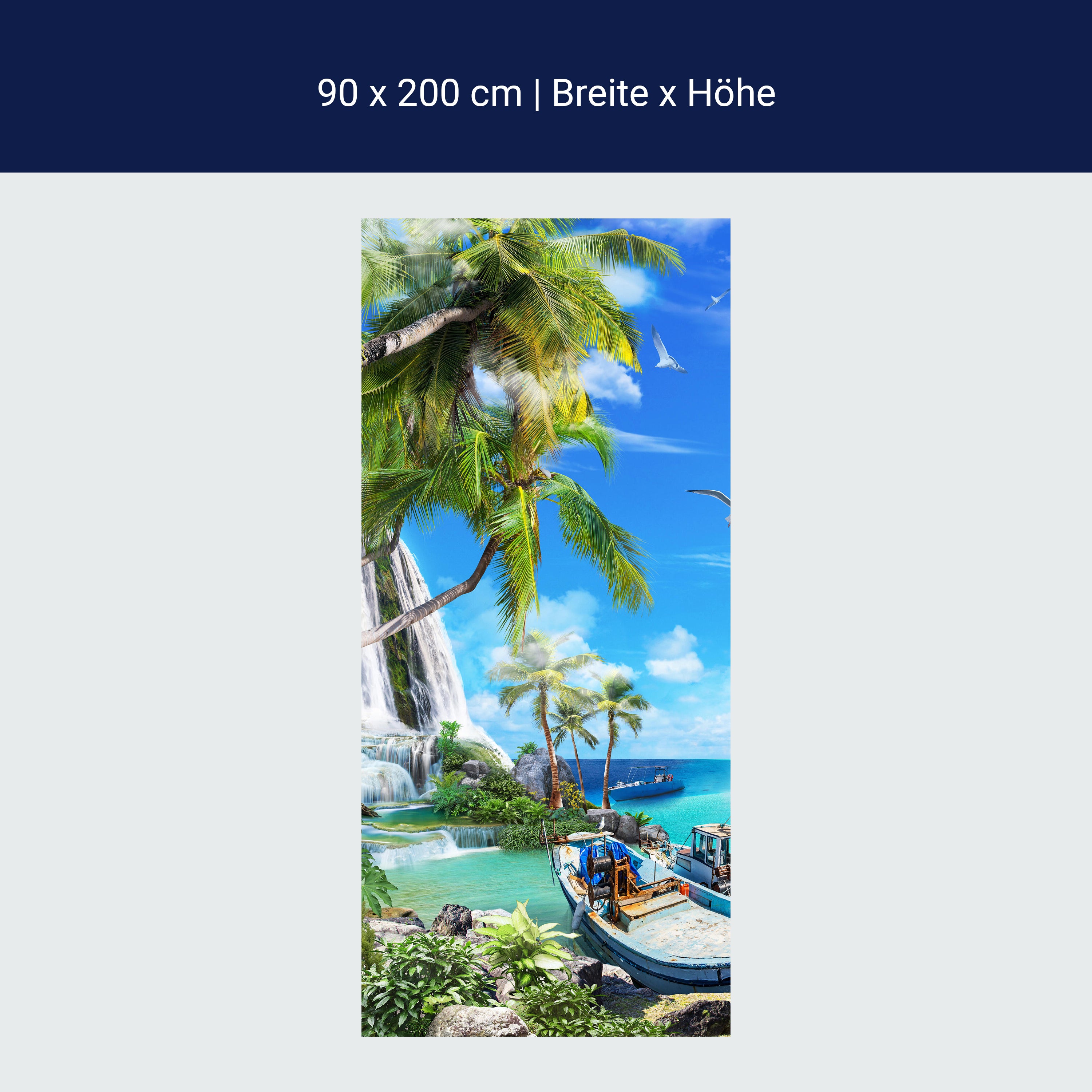 Türtapete Wasserfall ins Meer, Palmen, Boote M1306 Türtapete Wasserfall ins Meer, Palmen, Boote M1306