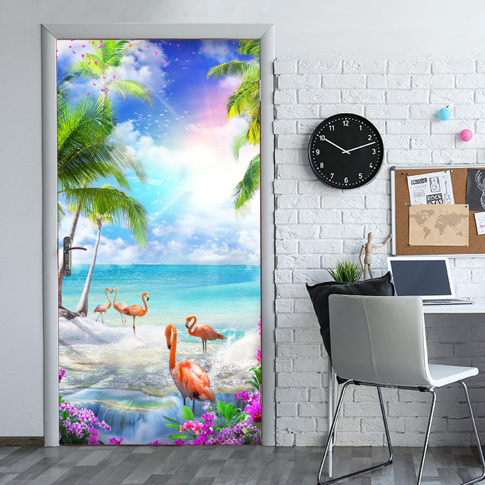 Türtapete Flamingos am Meer, Palmen, Wasser, Sonne M1309 - Bild 1 Türtapete Flamingos am Meer, Palmen, Wasser, Sonne M1309 - Bild 1