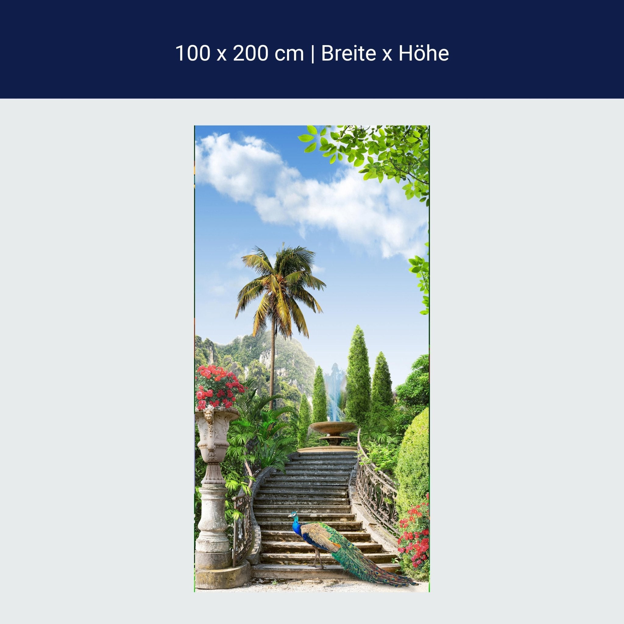 Türtapete Pfau auf Treppe, Palmen, Springbrunnen M1329 Türtapete Pfau auf Treppe, Palmen, Springbrunnen M1329