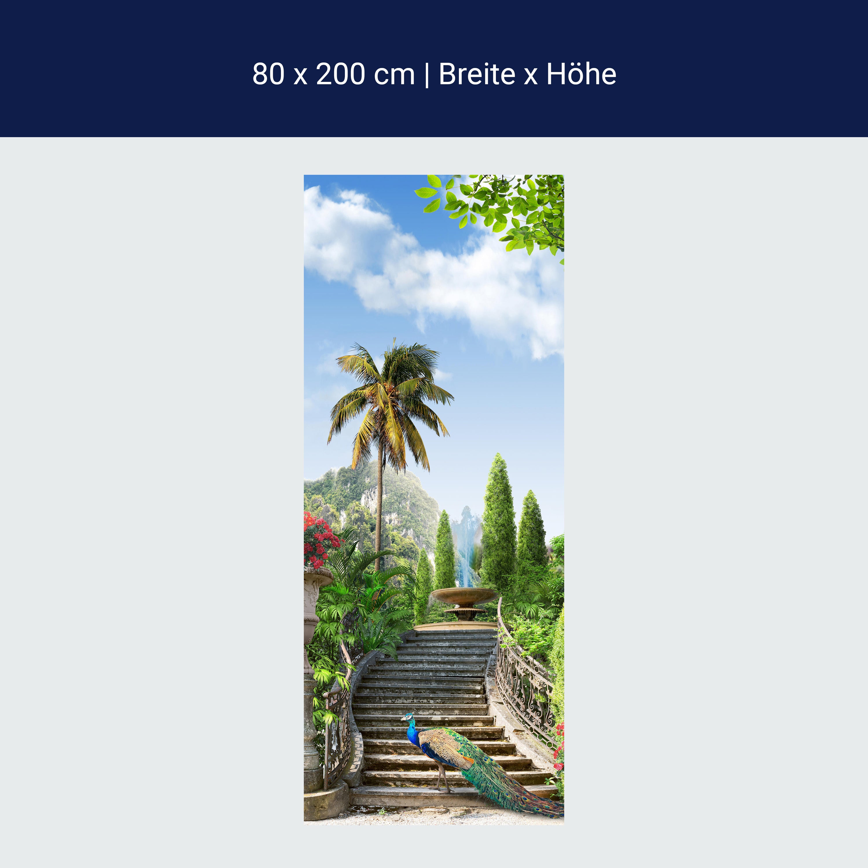 Türtapete Pfau auf Treppe, Palmen, Springbrunnen M1329 Türtapete Pfau auf Treppe, Palmen, Springbrunnen M1329
