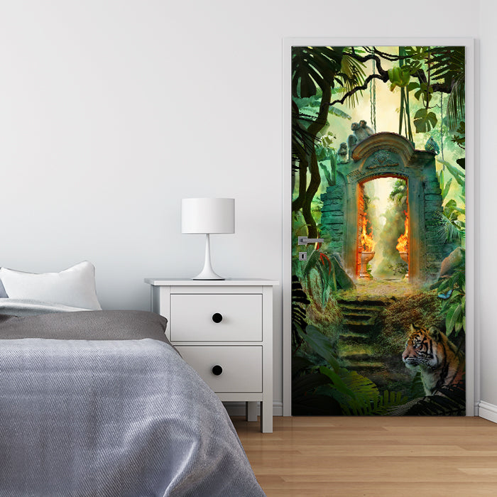 Türtapete Steintor im Dschungel, Feuer, Tiger M1355 - Bild 1 Türtapete Steintor im Dschungel, Feuer, Tiger M1355 - Bild 1