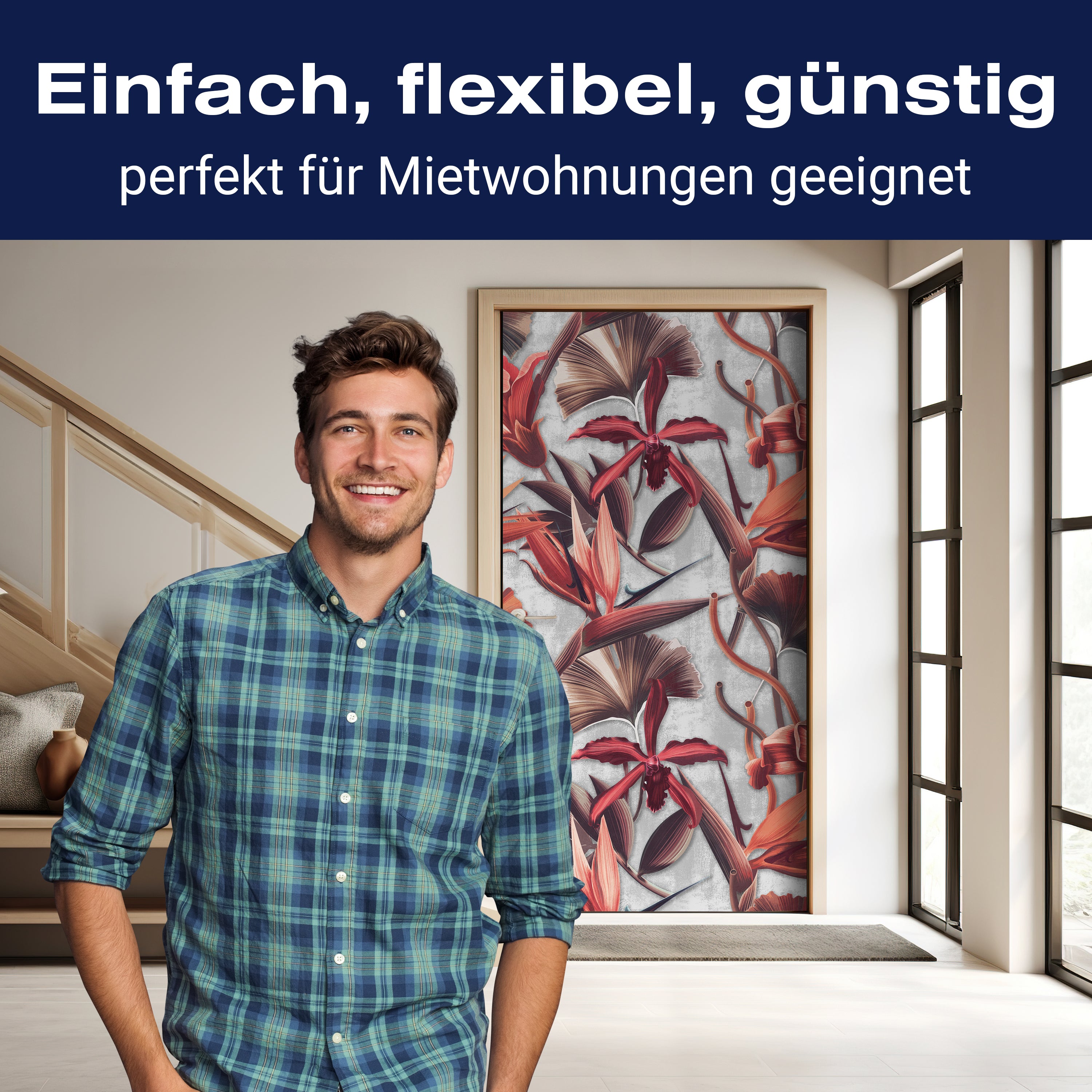 Türtapete Rote Blüten & Blätter, Pflanzen, Beton M1360 - Bild 3 Türtapete Rote Blüten & Blätter, Pflanzen, Beton M1360 - Bild 3