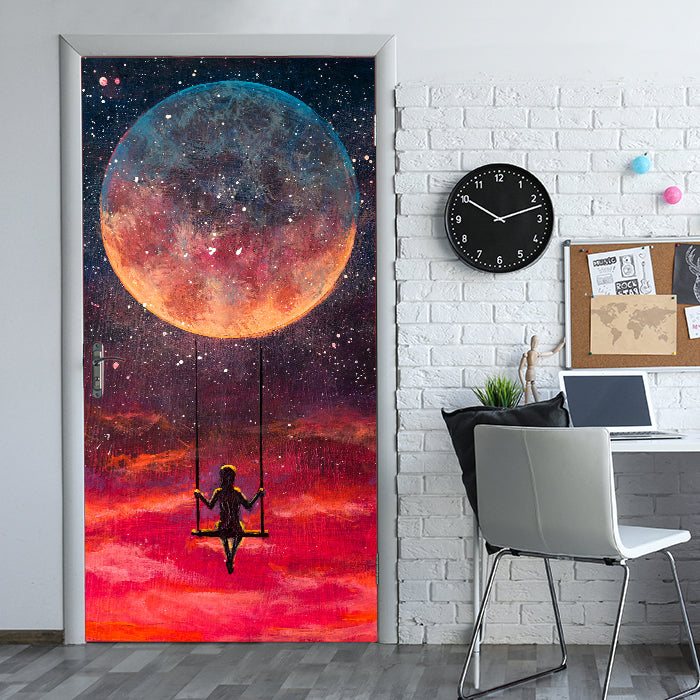 Türtapete Malerei, Mond, Schaukel, Mädchen M1439 - Bild 1 Türtapete Malerei, Mond, Schaukel, Mädchen M1439 - Bild 1
