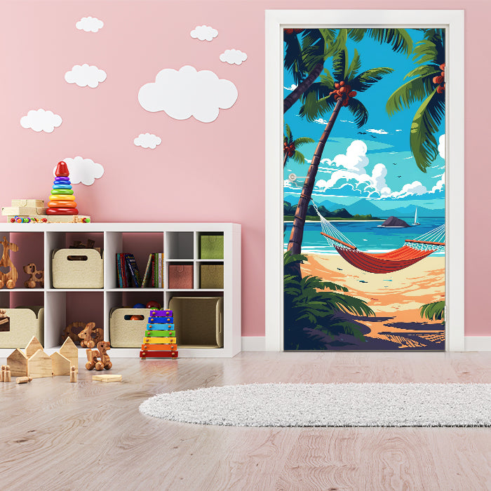 Türtapete Illustration, Hängematte, Strand, Palmen M1486 - Bild 1 Türtapete Illustration, Hängematte, Strand, Palmen M1486 - Bild 1