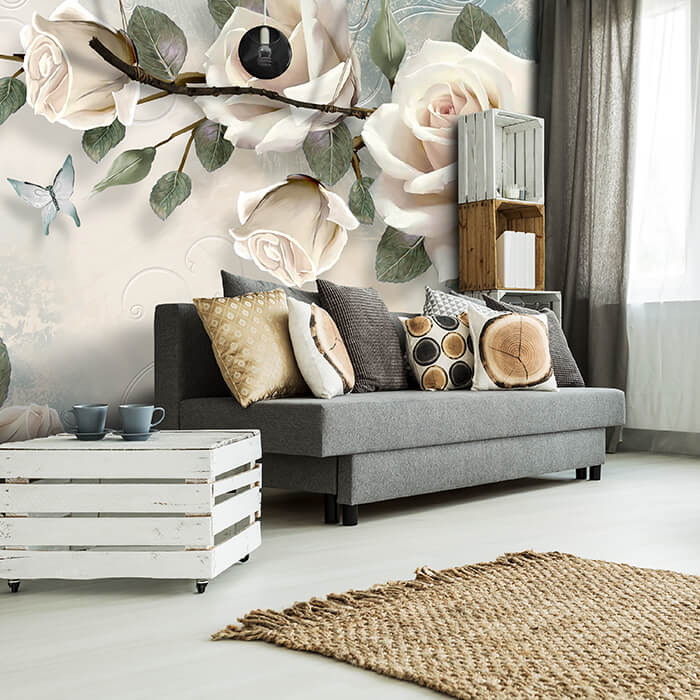 Fototapete Rosen Schmetterlinge bemalt effekt wand M4660 - Bild 1 Fototapete Rosen Schmetterlinge bemalt effekt wand M4660 - Bild 1