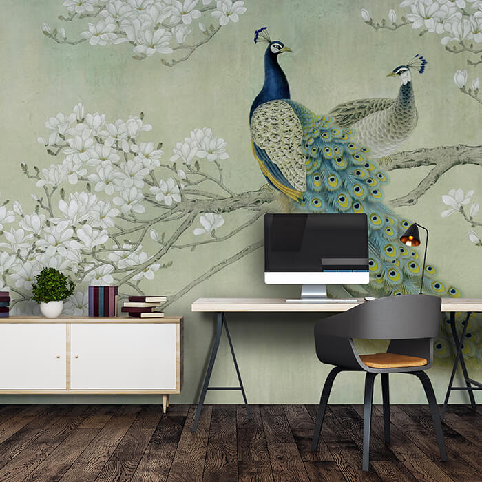 Fototapete Pfau Weis Blüten Zweig Betonwand M4688 - Bild 1 Fototapete Pfau Weis Blüten Zweig Betonwand M4688 - Bild 1