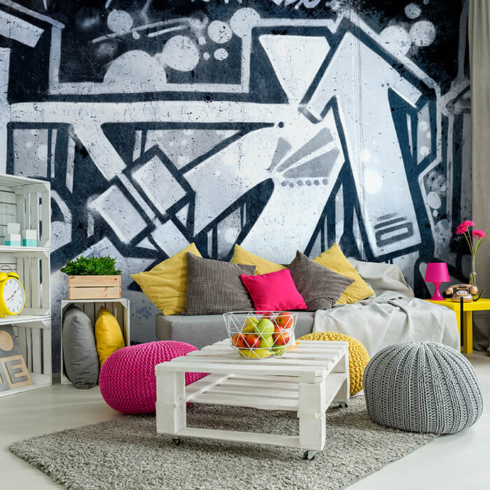 Fototapete Abstrakte Linien Graffiti Blau Grau M4834 - Bild 1 Fototapete Abstrakte Linien Graffiti Blau Grau M4834 - Bild 1