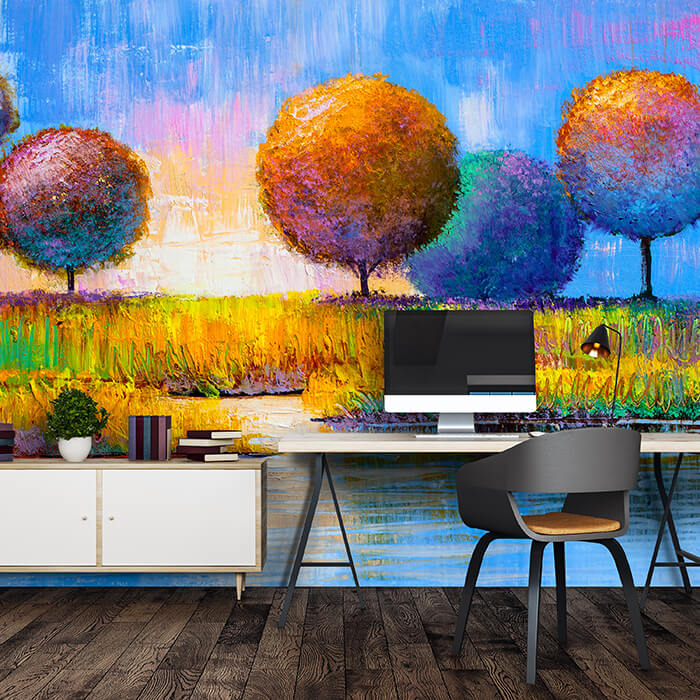 Fototapete Gemälde Runde Bäume mit See M6007 - Bild 1 Fototapete Gemälde Runde Bäume mit See M6007 - Bild 1