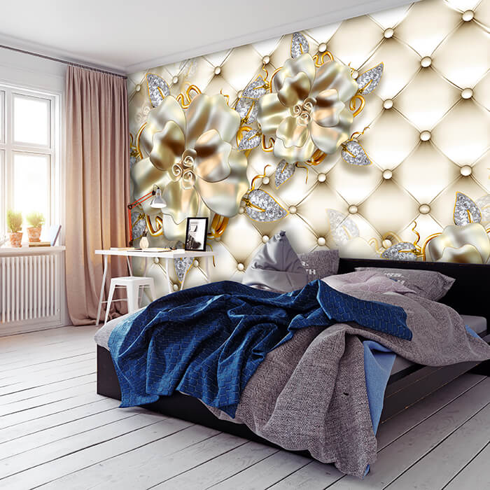 Fototapete Blumen Gold Polster 3D M6089 - Bild 1 Fototapete Blumen Gold Polster 3D M6089 - Bild 1