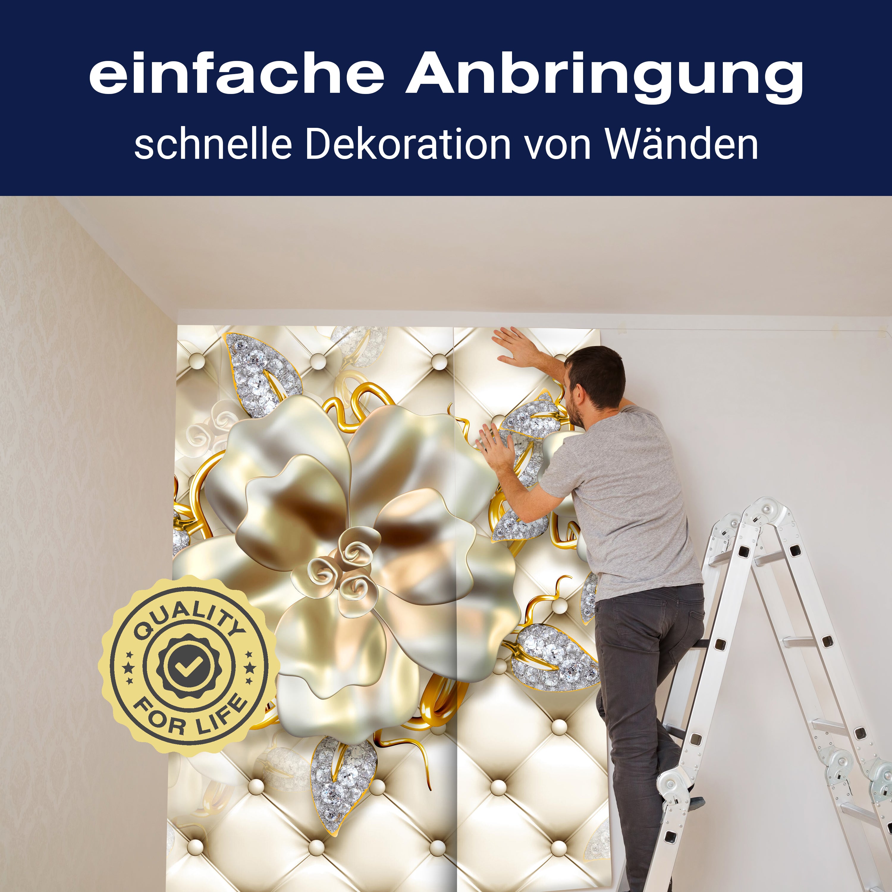 Fototapete Blumen Gold Polster 3D M6089 - Bild 3 Fototapete Blumen Gold Polster 3D M6089 - Bild 3