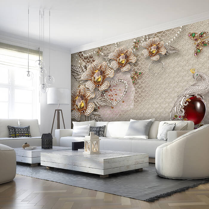Fototapete 3D Blumen Diamanten Pfau Edelsteine M6092 - Bild 1 Fototapete 3D Blumen Diamanten Pfau Edelsteine M6092 - Bild 1