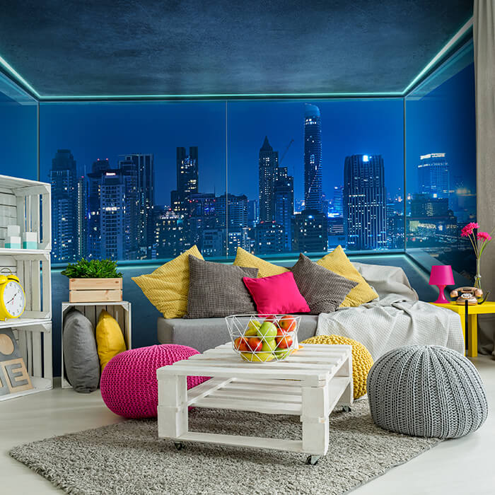 Fototapete Ausblick Skyline Fenster Stadt Nacht M6841 - Bild 1 Fototapete Ausblick Skyline Fenster Stadt Nacht M6841 - Bild 1