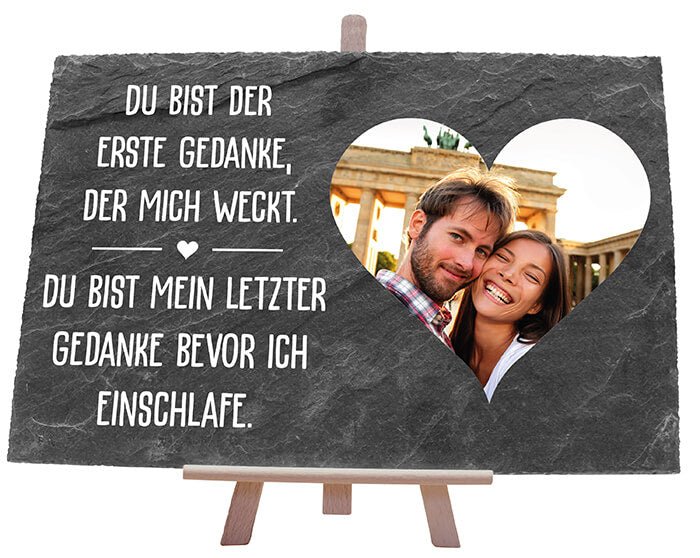 Schieferplatte mit Staffelei Fotoherz und Spruch M0017 - Bild 1 Schieferplatte mit Staffelei Fotoherz und Spruch M0017 - Bild 1