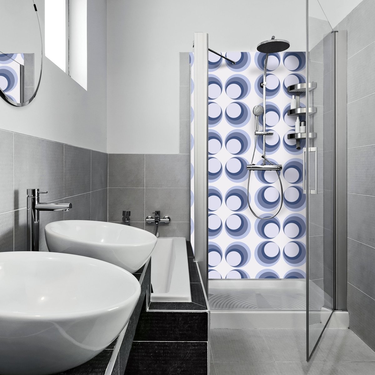 Duschwand Retrokreise Blau Muster M0099 entdecken - Bild 1 Duschwand Retrokreise Blau Muster M0099 entdecken - Bild 1