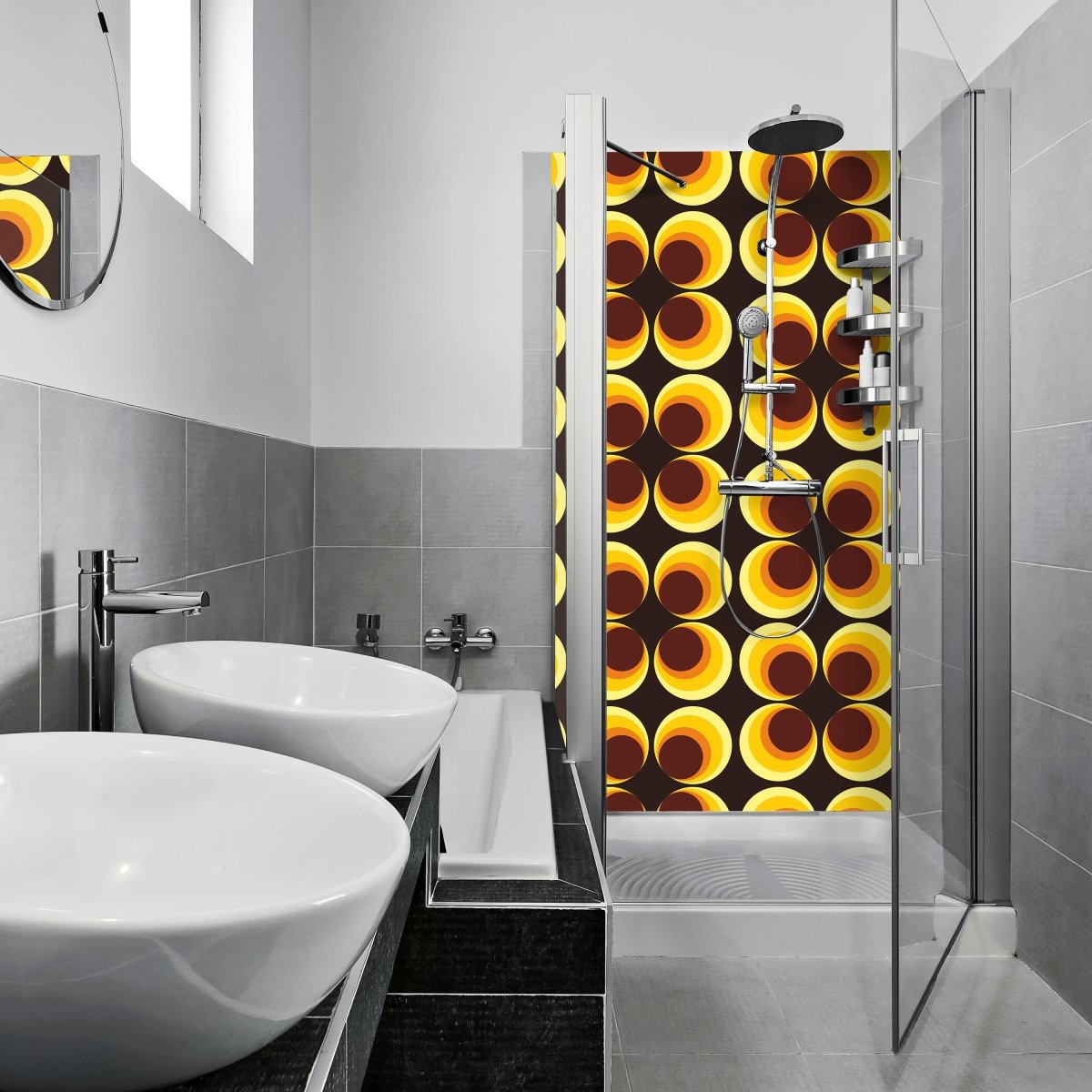 Duschwand Retrokreise Braun Muster M0100 entdecken - Bild 1 Duschwand Retrokreise Braun Muster M0100 entdecken - Bild 1