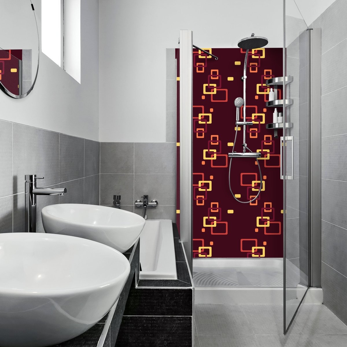 Duschwand Retrokästchen Dunkelrot Muster M0105 entdecken - Bild 1 Duschwand Retrokästchen Dunkelrot Muster M0105 entdecken - Bild 1