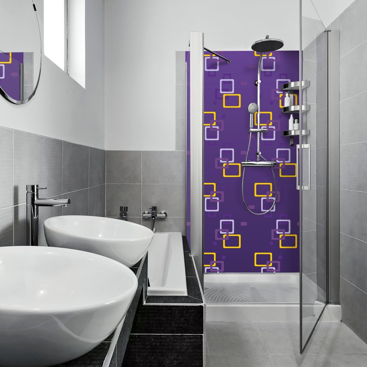 Duschwand Retrokästchen Lila Muster M0107 entdecken - Bild 1 Duschwand Retrokästchen Lila Muster M0107 entdecken - Bild 1