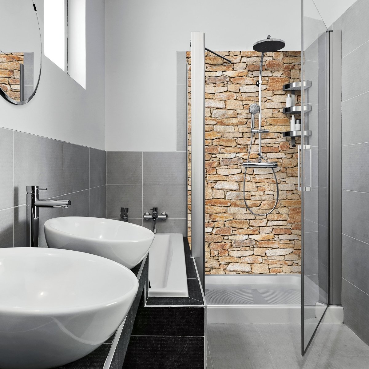 Duschwand Natursteinmauer Hell M0310 entdecken - Bild 1 Duschwand Natursteinmauer Hell M0310 entdecken - Bild 1