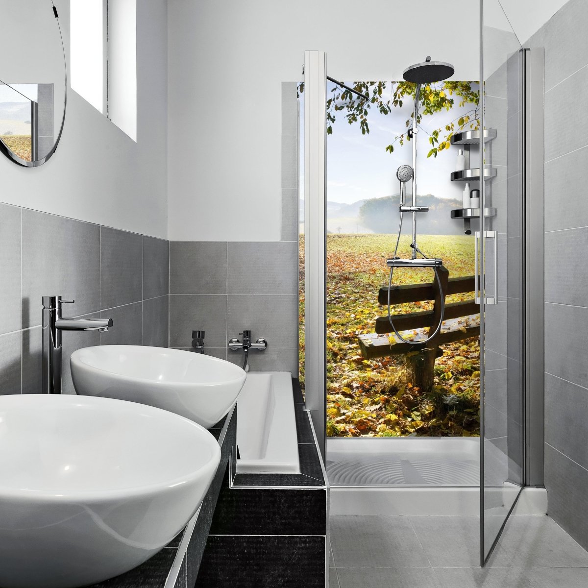 Duschwand Parkbank im Herbst M0415 entdecken - Bild 1 Duschwand Parkbank im Herbst M0415 entdecken - Bild 1